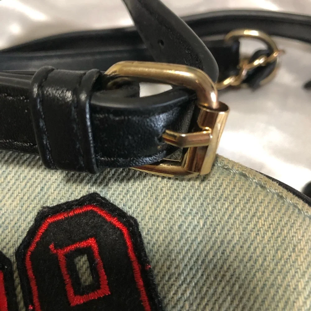Olivia Miller Kids Patchwork Crossbody Bag - Light Denim.Round,Top Zip,Patches.